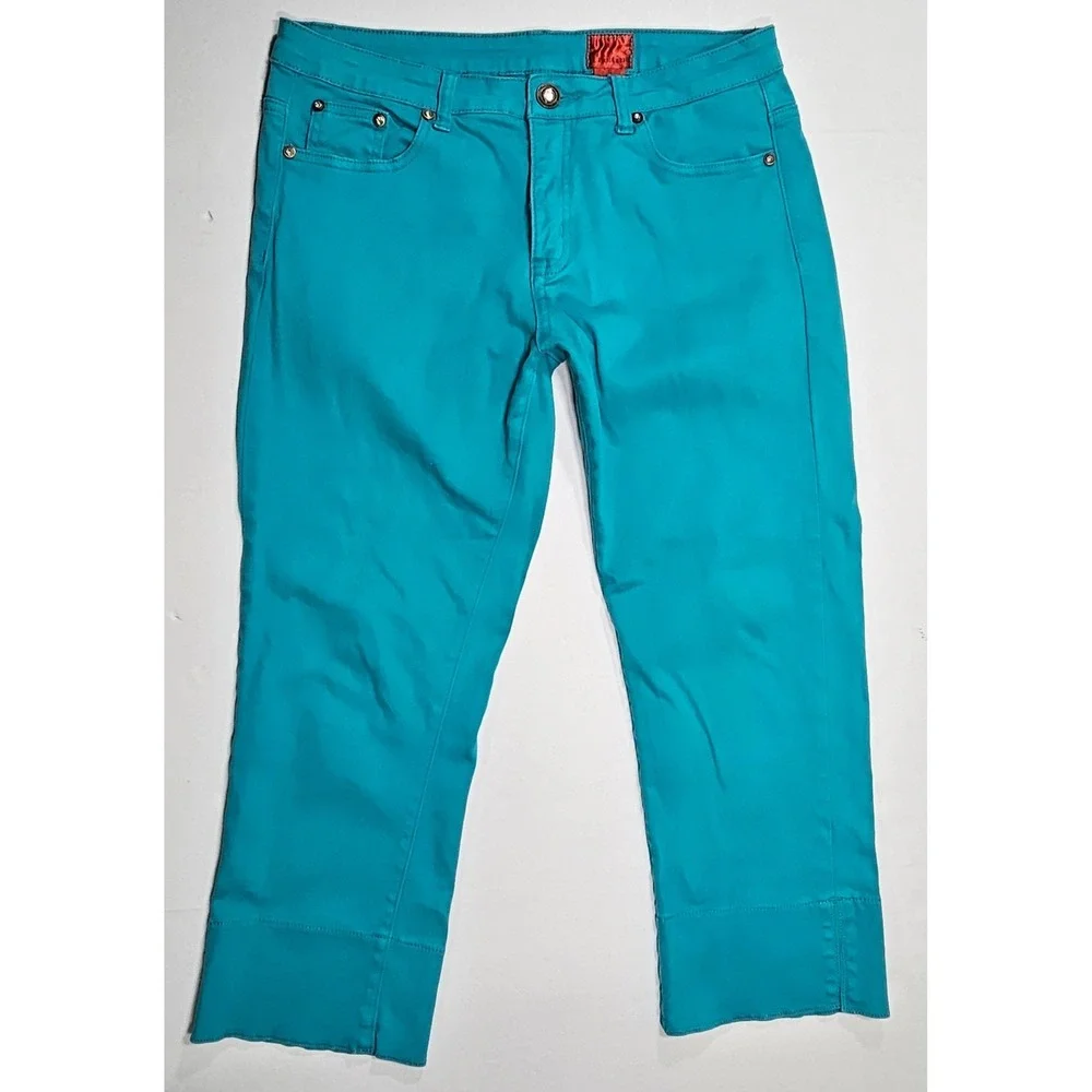 V Cristina Womens Teal Rhinestone Embellished Capri Crop Pants Size 10 Turquoise